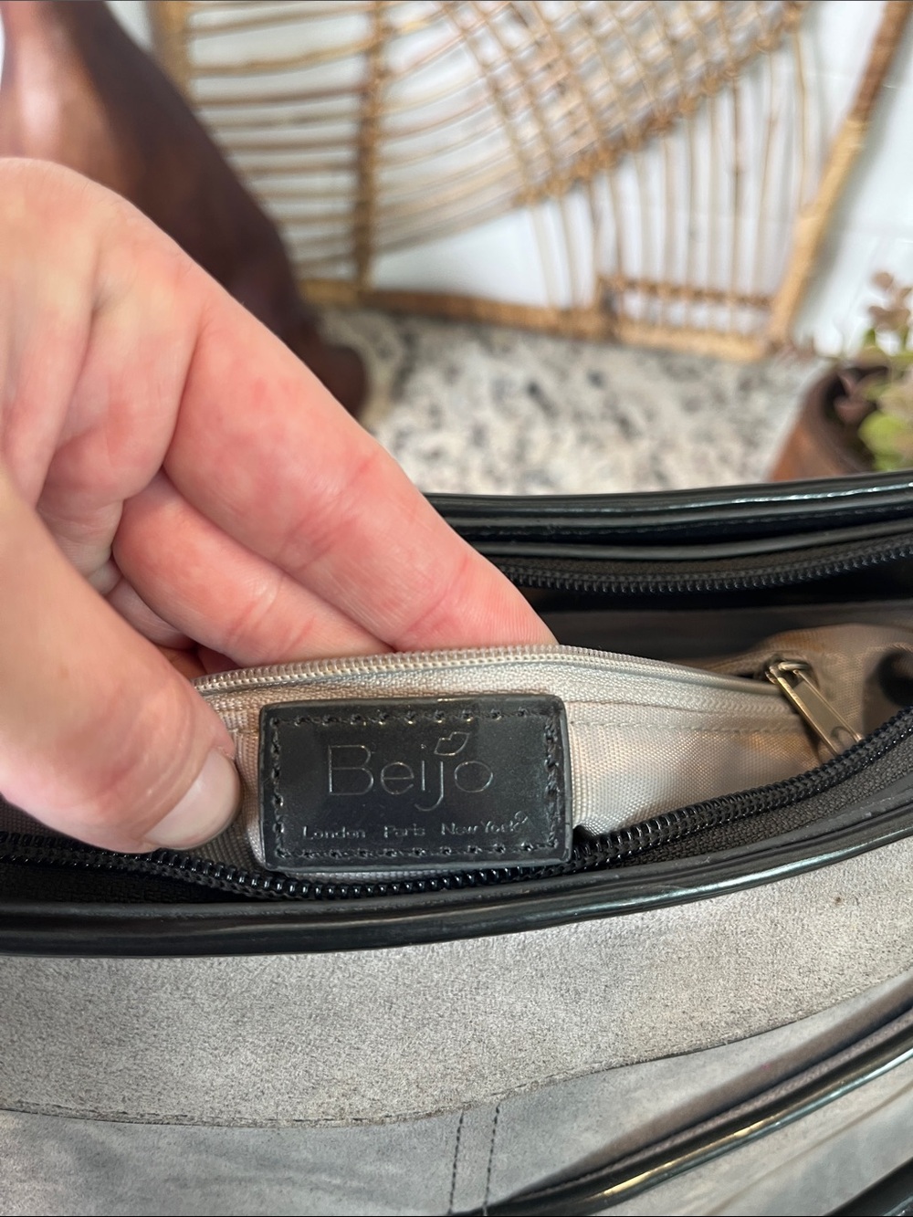 Beijo Gray Suede Shoulder Bag with Black Handle - Picture 12 of 13